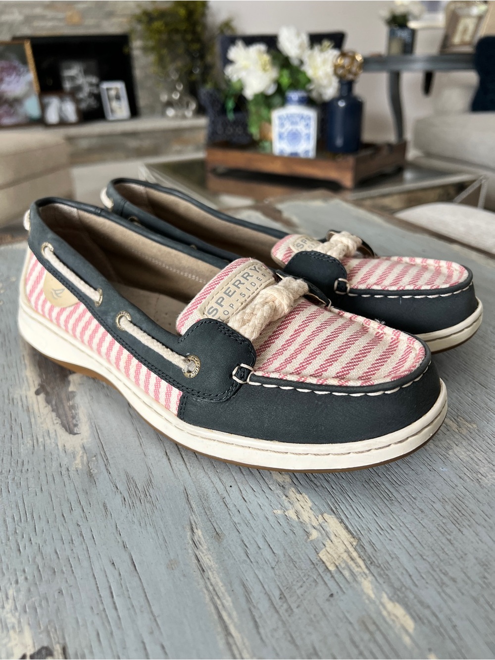 Sperry Navy Leather & Pink Striped Canvas Boat Shoes - Picture 2 of 7